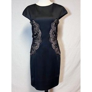 Tadashi Shoji Black Illusion Lace Short Sleeve Scuba Knee Length LBD Dress 10